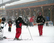 Snowy day in village center